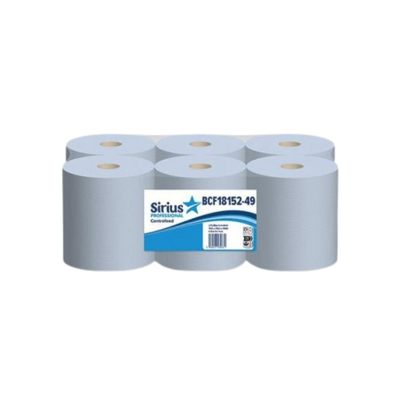 Sirius 2-Ply Centrefeed Blue Rolls EMBOSED 80M X 166mm X 400Sheets <br> Pack size: 1 x 6 <br> Product code: 442604