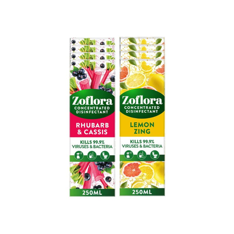 Zoflora Disinfectant Assortment 250Ml (Lemon Zing & Rhubarb & Cassis) <br> Pack size: 8 x 250ml <br> Product code: 455508